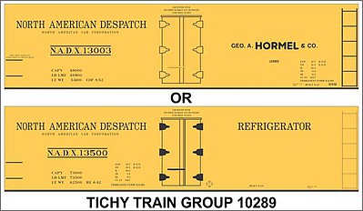 Tichy Trains 10289 HO Scale Railroad Decal Set -- Hormel NADX 40' Wood Reefer (black NADX, Small Hormel Lettering)
