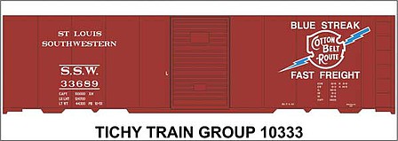 Tichy Trains 10333N N Scale Railroad Decal Set -- Cotton Belt SSW 40' Steel Boxcar (Blue Streak Logo)