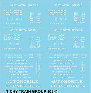 Tichy Trains 10341 HO Scale Railroad Decal Set -- Generic 36' and 40' Wood Boxcar Data (white lettering)