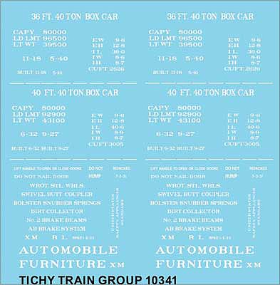 Tichy Trains 10341N N Scale Railroad Decal Set -- Generic 36' and 40' Wood Boxcar Data (white lettering)