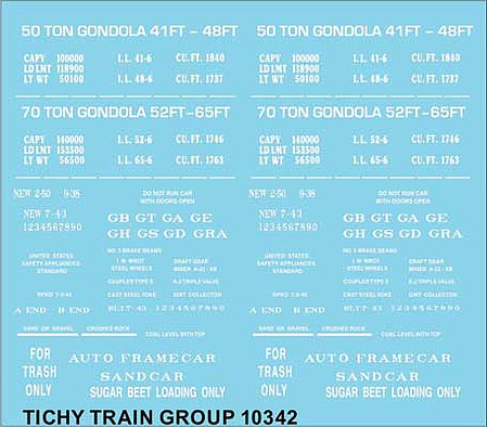 Tichy Trains 10342 HO Scale Railroad Decal Set -- Generic 41', 48', 52 and 64 Steel Gondola Data (white lettering)