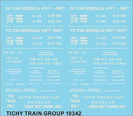 Tichy Trains 10342N N Scale Railroad Decal Set -- Generic 41', 48', 52 and 64 Steel Gondola Data (white lettering)