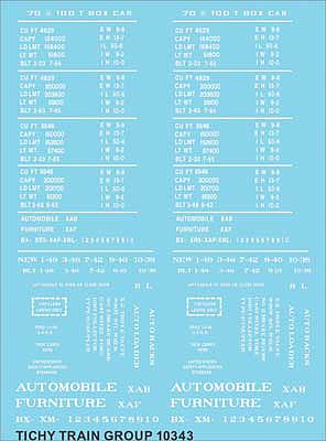 Tichy Trains 10343N N Scale Railroad Decal Set -- Generic 50', 70 and 100-Ton Steel Boxcar Data (white lettering)