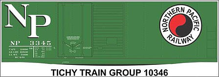 Tichy Trains 10346N N Scale Railroad Decal Set -- Northern Pacific 40' Plug and Sliding Door Boxcar (green car, large Monad Lo