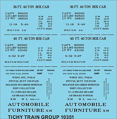 Tichy Trains 10351 HO Scale Railroad Decal Set -- 36' and 40' Wood Boxcar Data (black)