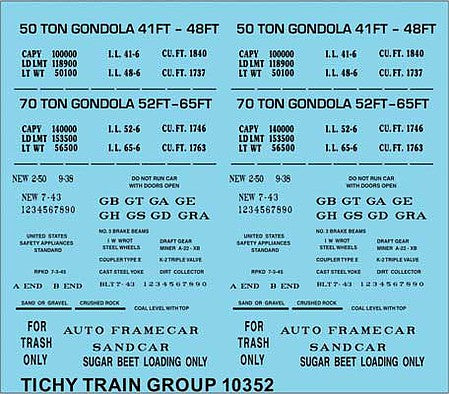 Tichy Trains 10352 HO Scale Railroad Decal Set -- 41', 48', 52' and 65' Steel Gondola Data (black)