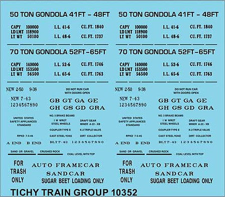 Tichy Trains 10352N N Scale Railroad Decal Set -- 41', 48', 52' and 65' Steel Gondola Data (black)