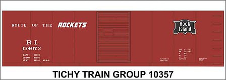Tichy Trains 10357N N Scale Railroad Decal Set -- Rock Island 40' Steel Boxcar (Boxcar Red Car, Rockets Slogan)