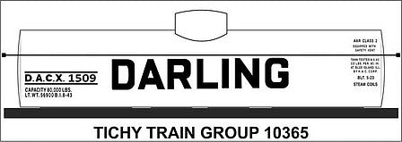 Tichy Trains 10365N N Scale Railroad Decal Set -- Darling DACX 8,000-Gallon Single-Dome Tank Car (white car)