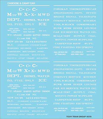 Tichy Trains 10378N N Scale Railroad Decal Set -- Maintenance-of-Way and Camp Car Data (white lettering)