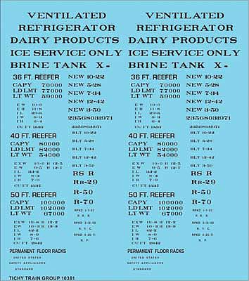 Tichy Trains 10381 HO Scale Railroad Decal Set -- Generic 36', 40' and 50' Refrigerator Car - Reefer Data (black lettering)
