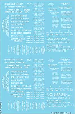 Tichy Trains 10385N N Scale Railroad Decal Set -- Generic Tank Car Data (white lettering)