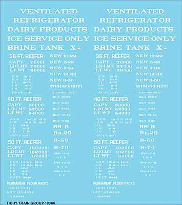 Tichy Trains 10386 HO Scale Railroad Decal Set -- Generic 36', 40' and 50' Refrigerator Car - Reefer Data (white lettering)