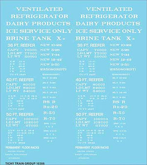 Tichy Trains 10386 HO Scale Railroad Decal Set -- Generic 36', 40' and 50' Refrigerator Car - Reefer Data (white lettering)