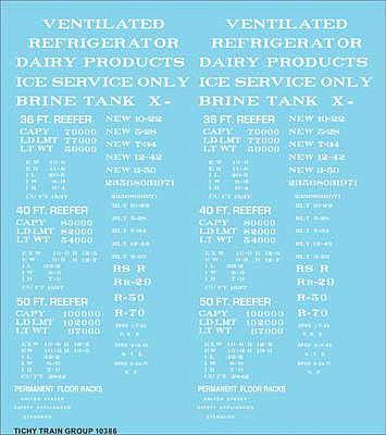 Tichy Trains 10386N N Scale Railroad Decal Set -- Generic 36', 40' and 50' Refrigerator Car - Reefer Data (white lettering)