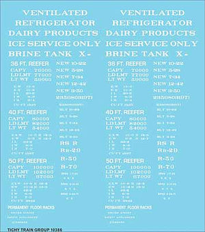 Tichy Trains 10386N N Scale Railroad Decal Set -- Generic 36', 40' and 50' Refrigerator Car - Reefer Data (white lettering)
