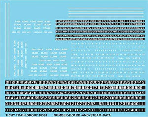 Tichy Trains 10391 HO Scale Railroad Decal Set -- Steam Locomotive Numberboards and Data (white data)