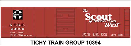 Tichy Trains 10394N N Scale Railroad Decal Set -- Santa Fe 40' Steel Boxcar (Boxcar Red Car, The Scout, Square Logo)