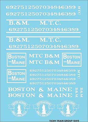 Tichy Trains 10415 HO Scale Railroad Decal Set -- Boston & Maine - MTC Roadname Set (white)