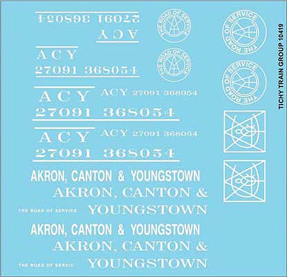 Tichy Trains 10419N N Scale Railroad Decal Set -- Akron, Canton & Youngstown Roadname Set (white)