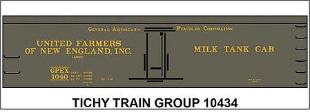 Tichy Trains 10434N N Scale Railroad Decal Set -- United Farmers of New England GPEX Milk Tank Car