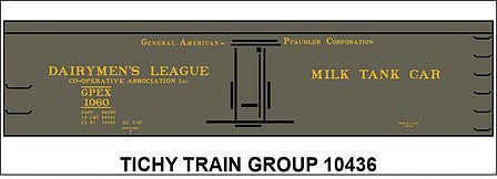 Tichy Trains 10436N N Scale Railroad Decal Set -- Dairymen's League GPEX Milk Tank Car
