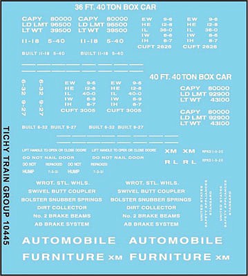 Tichy Trains 10445 HO Scale Railroad Decal Set -- 36', 40' Boxcar Data, Gothic Lettering (white)