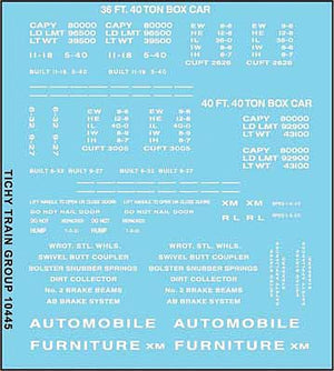 Tichy Trains 10445N N Scale Railroad Decal Set -- 36', 40' Boxcar Data, Gothic Lettering (white)