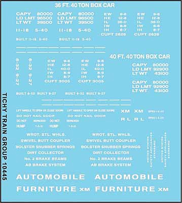 Tichy Trains 10445N N Scale Railroad Decal Set -- 36', 40' Boxcar Data, Gothic Lettering (white)