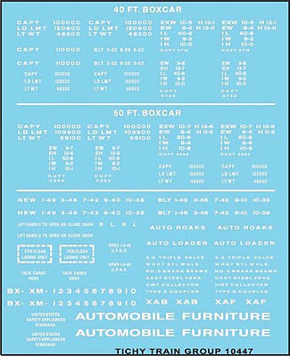 Tichy Trains 10447 HO Scale Railroad Decal Set -- 40', 50' Boxcar Data, Gothic Lettering (white)