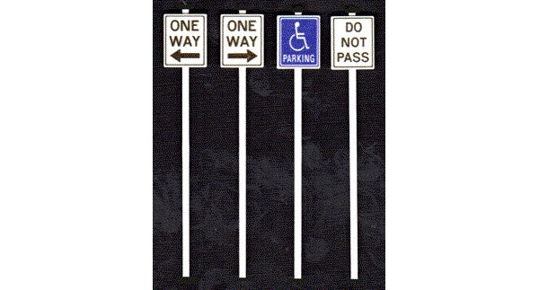 Tichy Trains 2068 O Misc Road Signs (2ea Do Not Pass, Handicap, One Way Left/Right) (D)