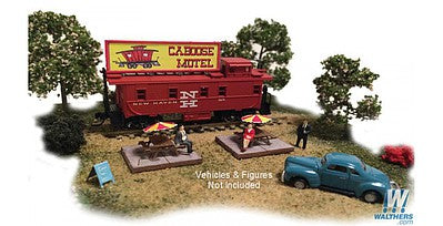 The N Scale Architect 10036 N Scale Caboose Motel with Caboose, 2 Picnic Tables, Umbrellas, Details & Billboard -- Kit - 2-3/4 x 2" 7 x 5.1cm