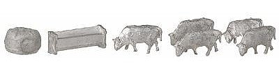 The N Scale Architect 20007 N Scale Stock Yard Assortment -- 5 Cows, 1 Water Trough, 1 Hay Bale