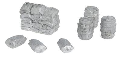 The N Scale Architect 20031 HO Scale Freight Assortment -- Three Barrels, One Stack of Sacks & Three Single Sacks