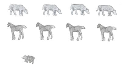 The N Scale Architect 30021 Z Scale Nanse Street Models - Division of N Scale Architect - Unpainted Metal Castings -- Farm Animal Assortment (Beef Cows, Hogs, Horses) pkg(9)
