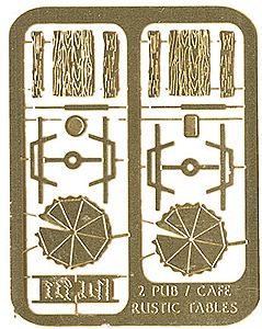 The N Scale Architect 90042 Z Scale Cafe/Picnic Table w/Umbrellas & Signs - Shire Scenes -- Etched-Metal Kit