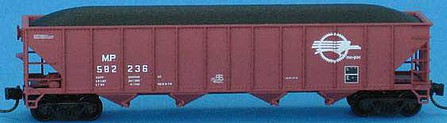 Trainworx 240343 N Scale 100-Ton 4-Bay (Quad) Hopper with Coal Load - Ready to Run -- Missouri Pacific 582035 (Boxcar Red, Screaming Eagle Logo)