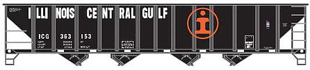 Trainworx 240648 N Scale 100-Ton 4-Bay (Quad) Hopper with Coal Load - Ready to Run -- Illinois Central Gulf 363221 (1977 Scheme, black, orange Logo, Full Roadname