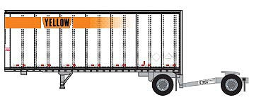 Trainworx 4288502 N Scale 28' Pup Van Trailer with Converter Dolly - Assembled -- Yellow 2 (white, orange stripe, Narrow Lettering Logo)