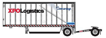 Trainworx 4289104 N Scale 28' Pup Van Trailer with Converter Dolly - Assembled -- XPO Logistics-Con-Way 1 (white, red, black, blue)