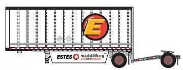 Trainworx 4289403 N Scale 28' Pup Van Trailer with Converter Dolly - Assembled -- Estes 3 (white, yellow, red, Circle E Logo)