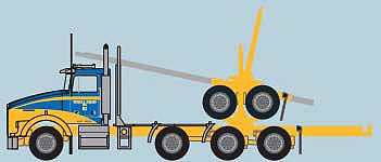 Trainworx 48087 N Scale Kenworth T800 Log Truck with Trailer - Assembled -- Ireland Trucking (yellow, blue)