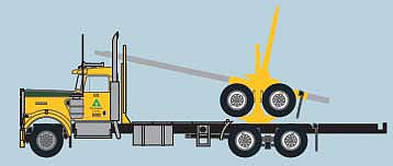 Trainworx 49086 N Scale Kenworth W900 Log Truck with Trailer - Assembled -- Weyerhaeuser (yellow, black, green)