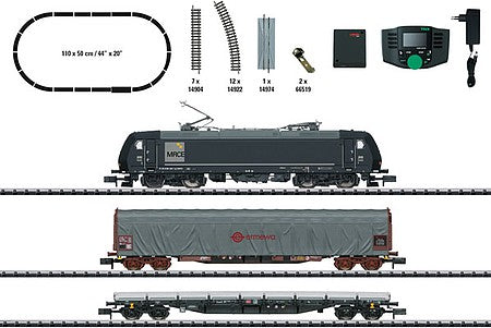 Trix 11147 N Scale Freight Train Starter Set with Mobile Station - Sound and DCC - Minitrix -- Mitsui Rail Capital Europe MRCE 185.1, 2 Cars, C-Track Oval, Mobile Station