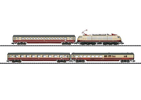 Trix 11628 N Scale Rheingold TEE 7 Train-Only Set w/DCC - Minitrix -- German Federal Railway (Electric & 3 Cars, Era V; maroon, beige)