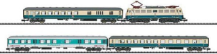 Trix 11635 N Scale Moselle Valley Railroad Passenger Train-Only Set w/DCC/SX - Minitrix -- German Federal Railway (Era V; Ivory, blue) Class 110 & 3 Cars