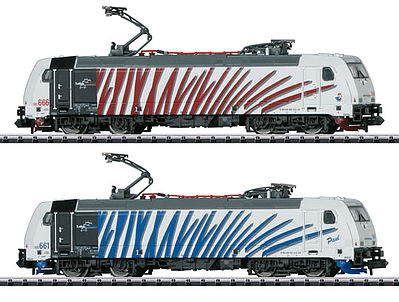 Trix 12102 N Scale Class 185.6 TRAXX Electric 2-Locomotive Set - Exclusiv -- Lokomotion Gesellschaft fur Schienentraktion (white/red/gray; white/blue/gray)