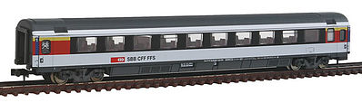 Trix 15084 N Scale Type Apm EuroCity 1st Class Coach - Ready to Run - Minitrix -- Swiss Federal Railways SBB/CFF/FFS (Era VI; white, gray, red, yellow)