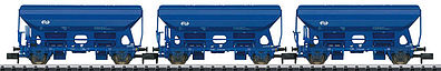 Trix 15089 N Scale Rotary Slide-Hatch Covered Side-Dump Car 3-Pack - Ready to Run - Minitrix -- Dutch State Railways NS #1855 (Era V, blue)
