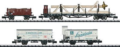 Trix 15094 N Scale Ships Equipment 4-Car Freight Set w/Loads & Vehicles - Ready to Run - Minitrix -- German Federal Railway (Era III)